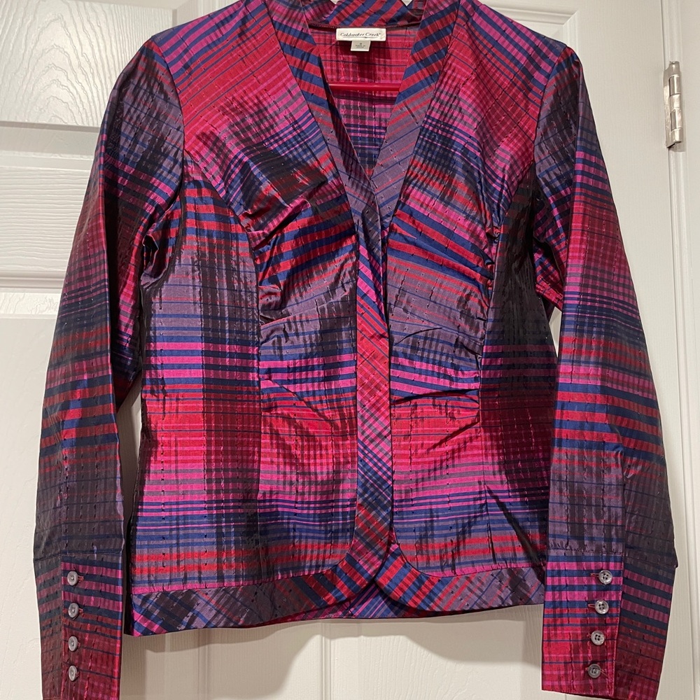 Coldwater Creek Red and Purple Blazer with Modern Plaid Design